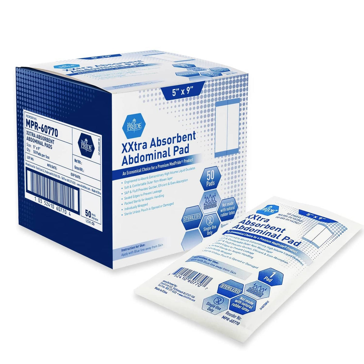 MED PRIDE sterile XXtra absorbent abdominal pad pack, 5x9 in, 50-count