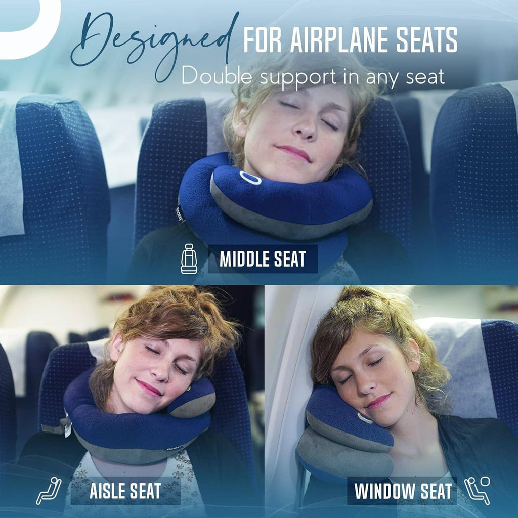 Blue travel neck pillow for airplane seats: middle, aisle, and window position