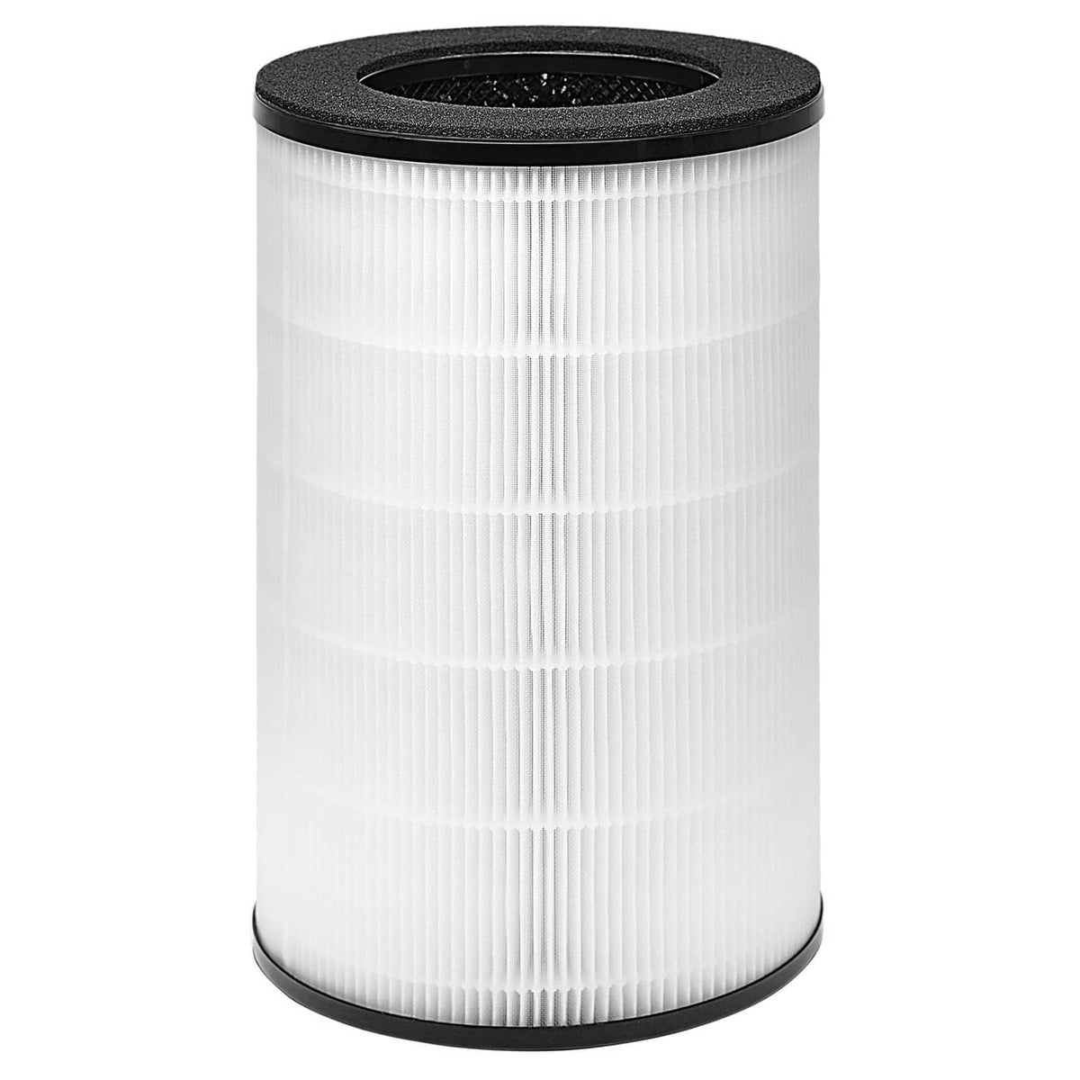 Cylindrical pleated air purifier replacement filter, white with black top and base caps