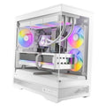 White compact microATX PC case with panoramic tempered glass and RGB ARGB fans inside