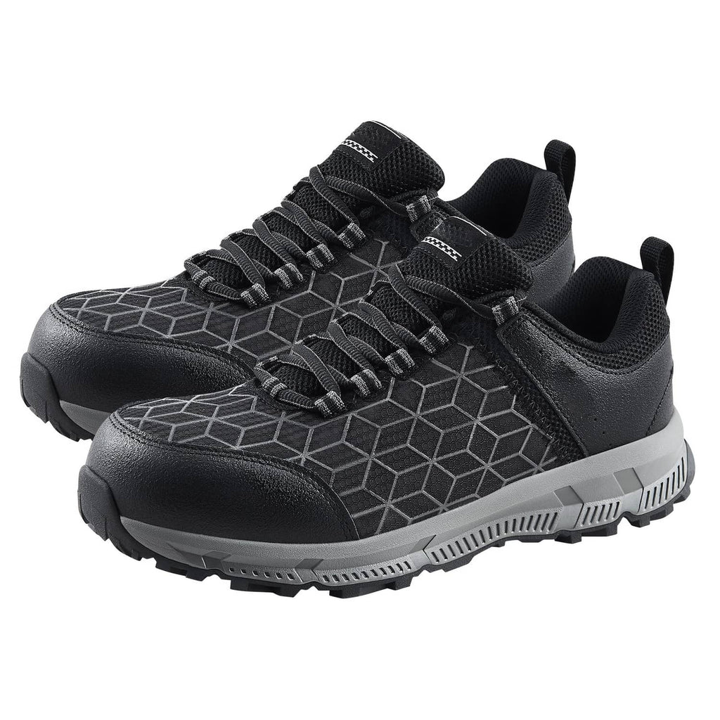 Two black work sneakers, front angle view, geometric upper print and chunky tread sole