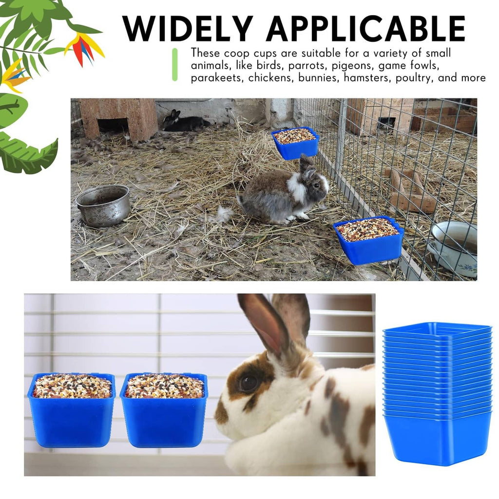 Blue plastic water feeder cups with stacked cups in an animal enclosure