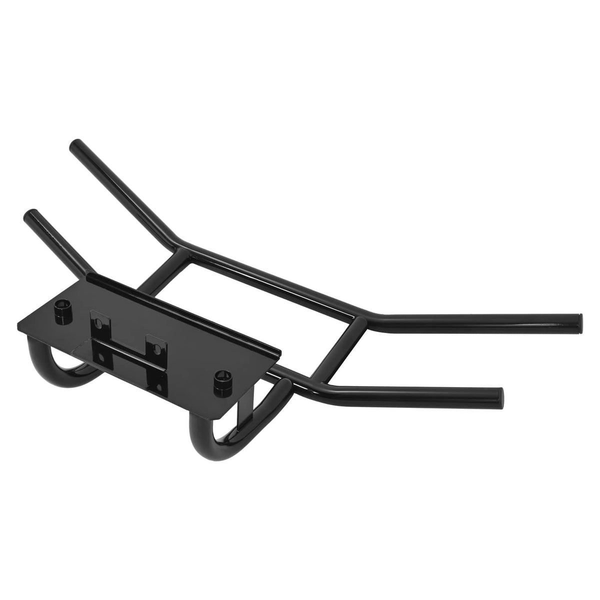Black heavy-duty bumper brush guard with angled bars and mounting brackets