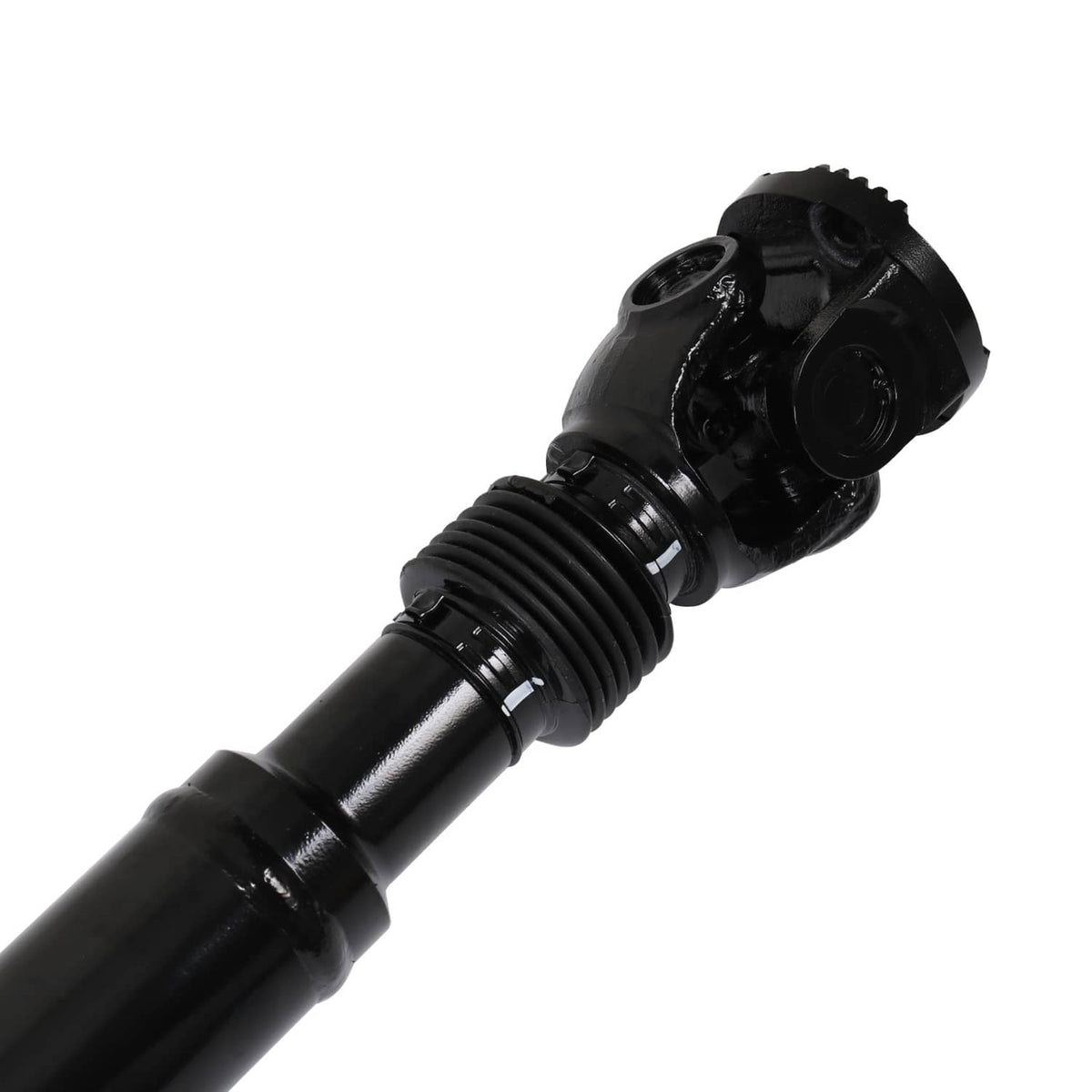 Black front driveshaft end with rubber boot, ribbed coupling, and flange yoke