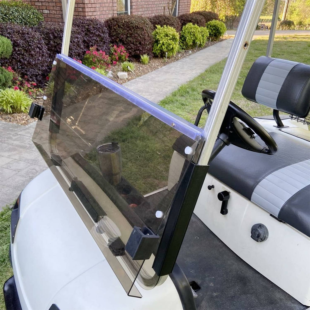 Tinted folding golf cart windshield installed from the side, smoky clear glass panel
