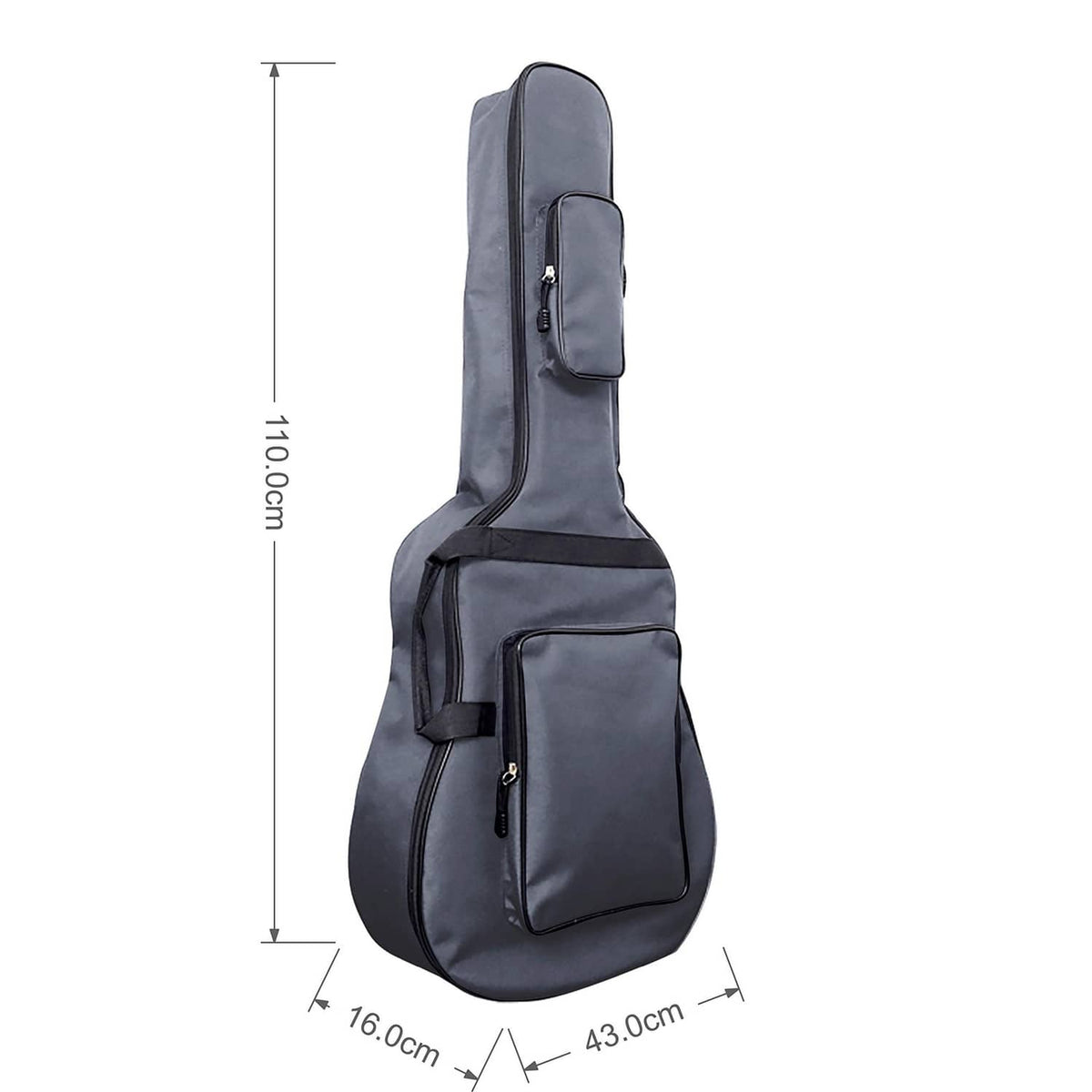 Jumbo guitar gig bag size diagram in dark gray, with dimensions shown around the bag.