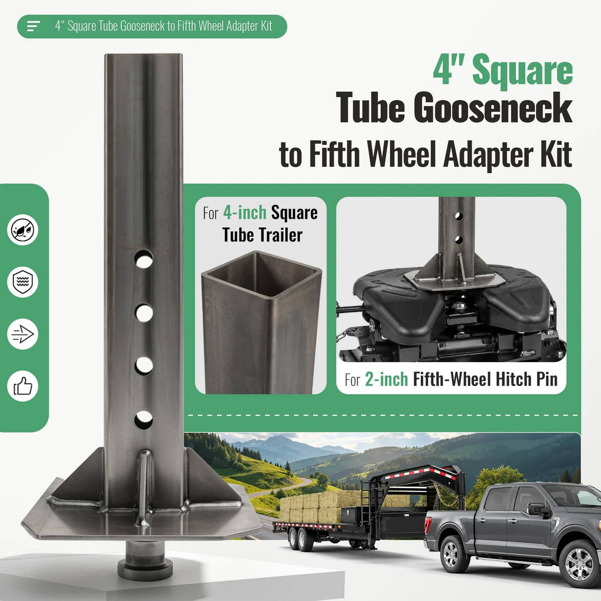 Steel adapter upright post with flat base and mounting holes for gooseneck to 5th wheel