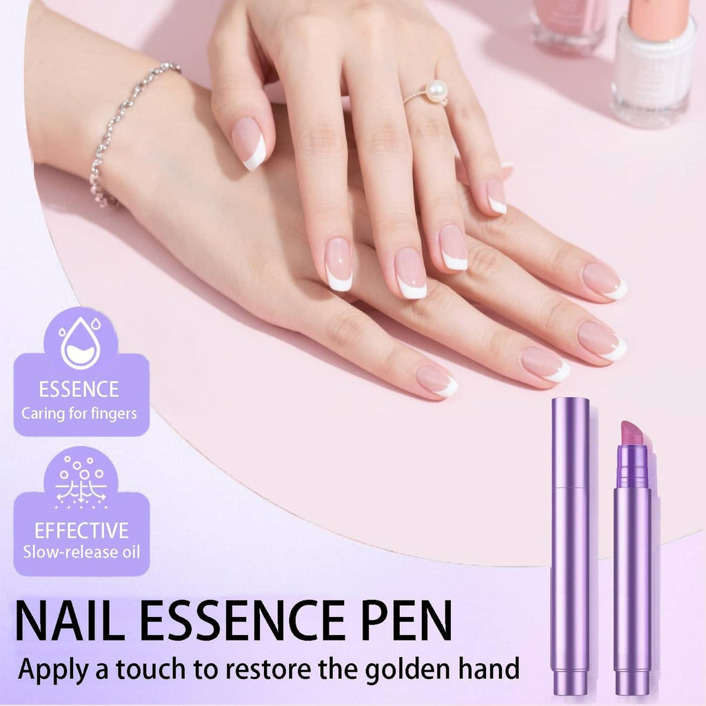 Cuticle oil pen with purple cap shown beside manicured hands