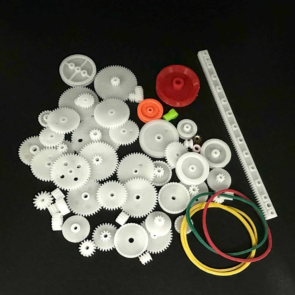 Plastic gear kit with white gears, large red pulley, and green belt and bands