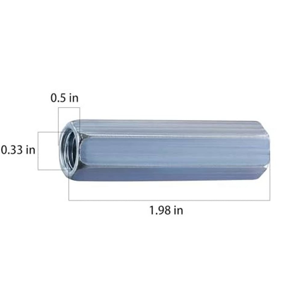 Zinc-plated extended hex coupling nut with size diagram and open threaded ends
