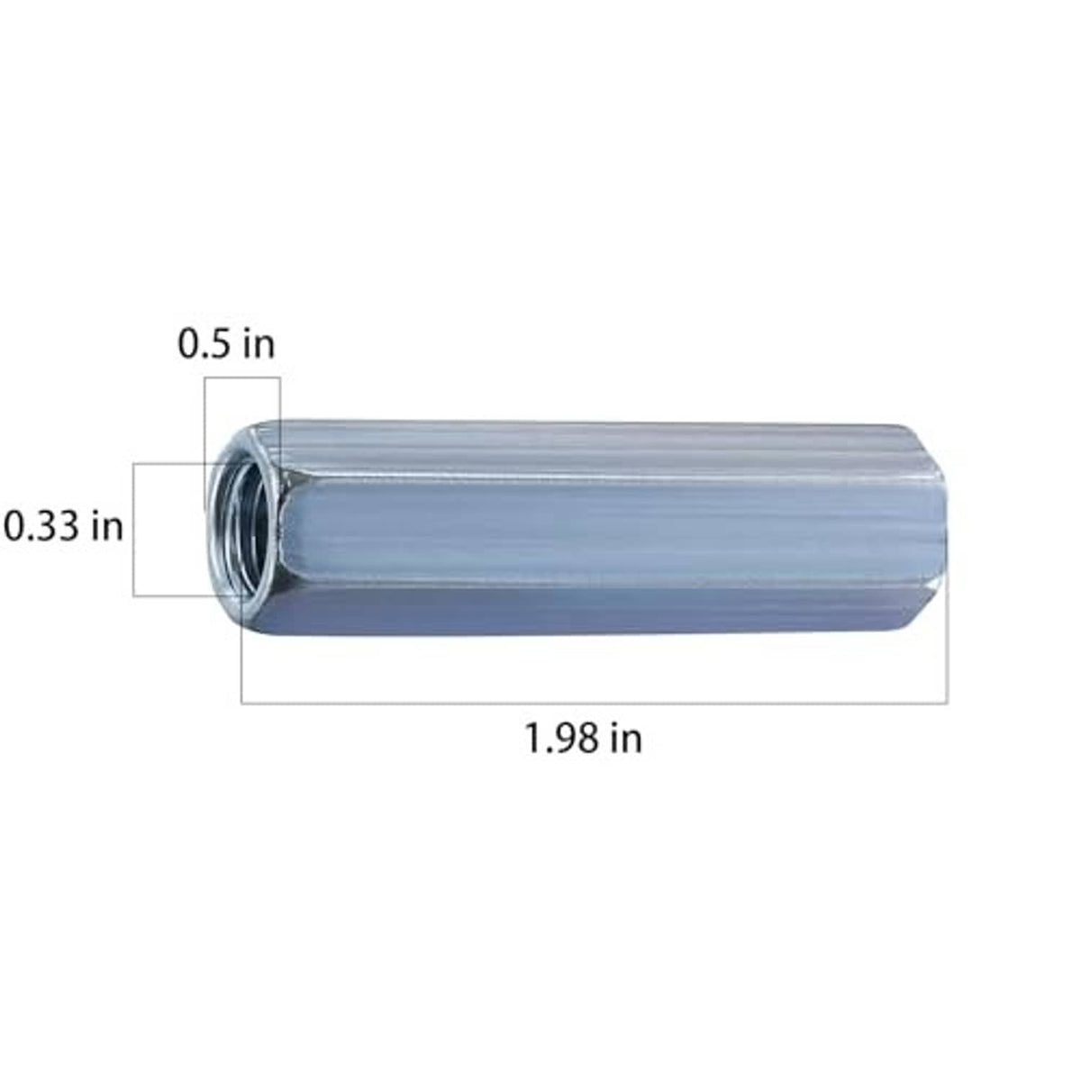 Zinc-plated extended hex coupling nut with size diagram and open threaded ends