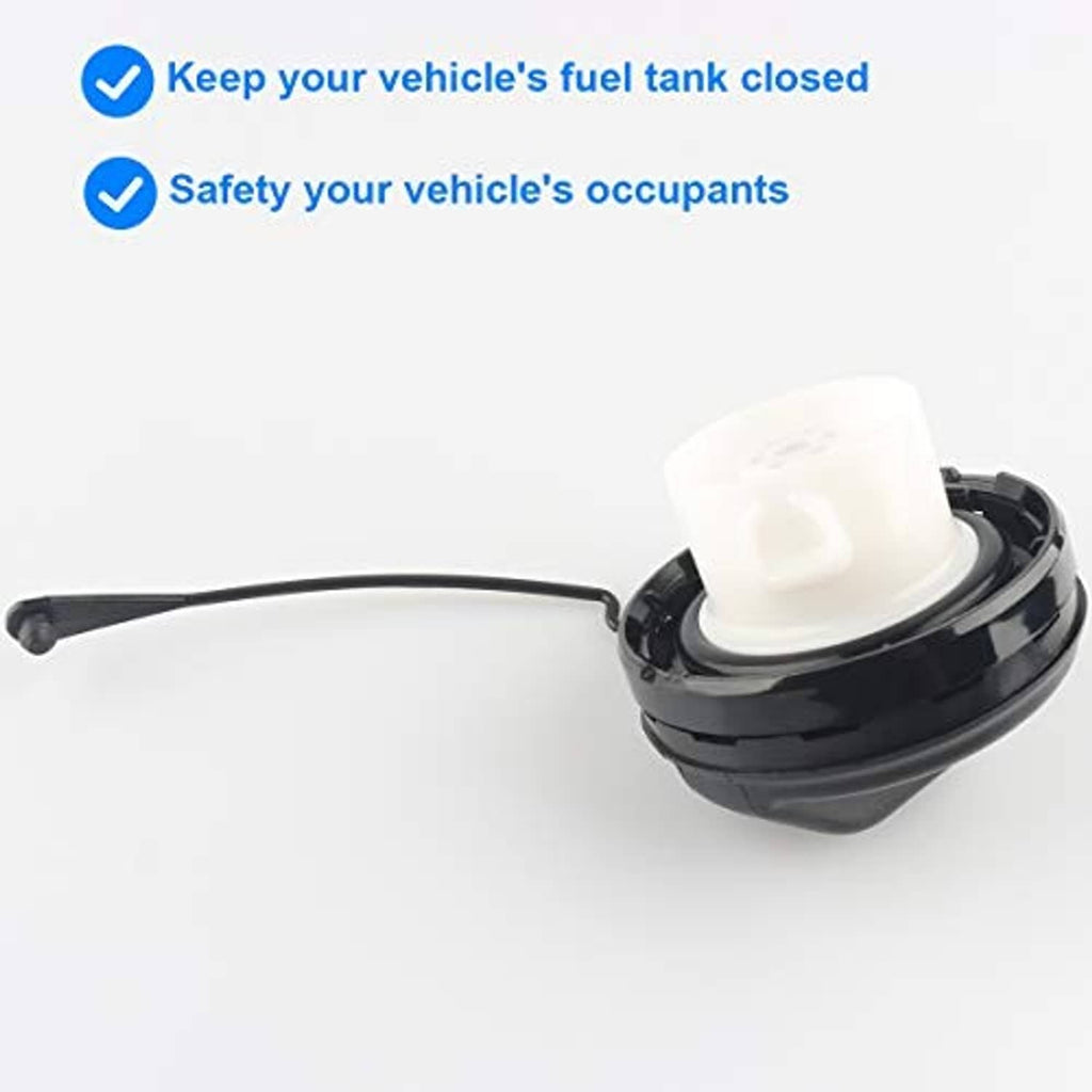 Fuel cap with white inner insert and tethered handle, black housing