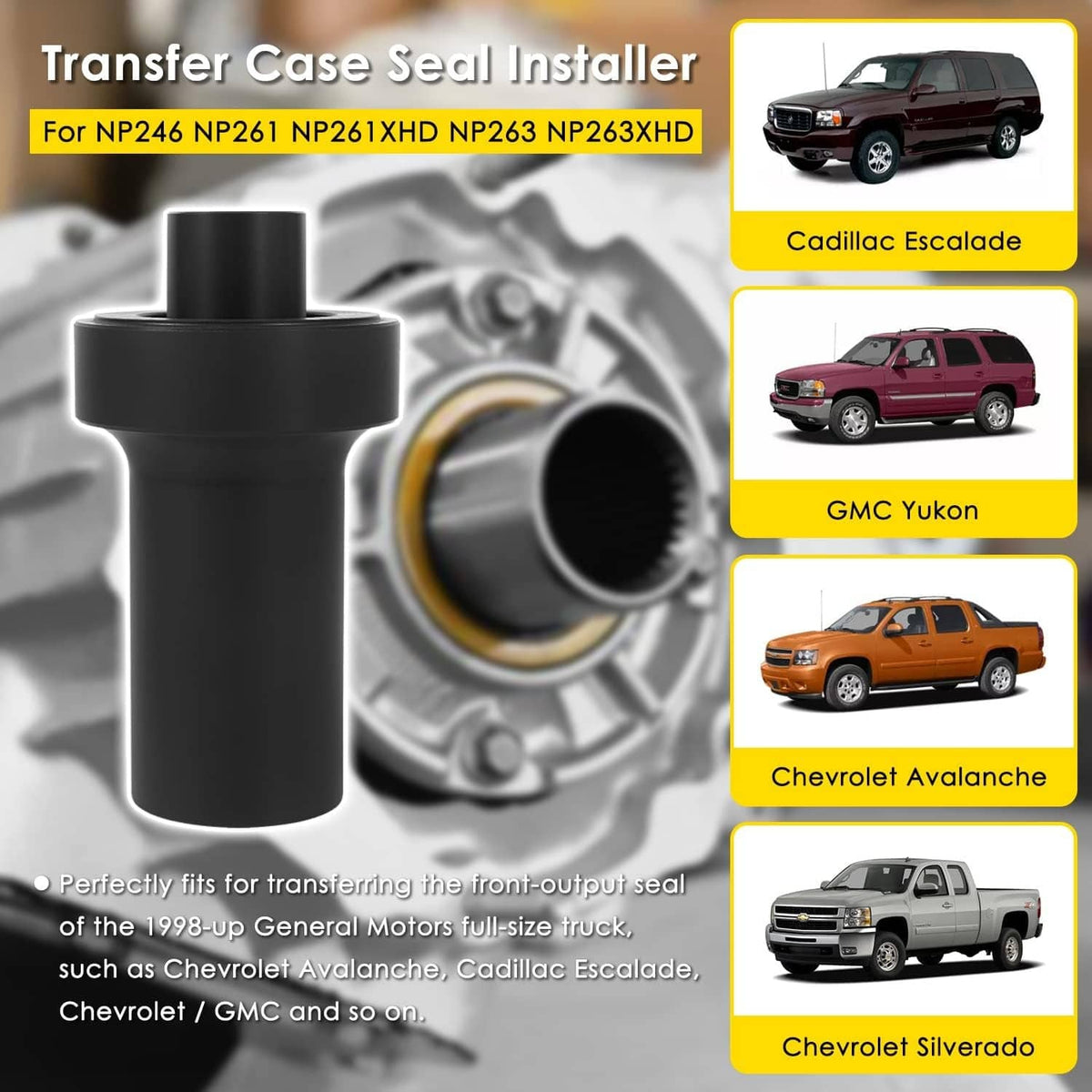 Transfer case seal installer tool, cylindrical black driver with wide end flange