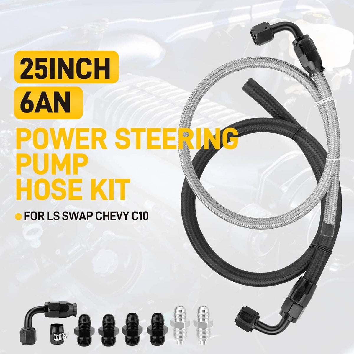 25-inch AN power steering hose kit with braided black and silver hoses and curved fittings
