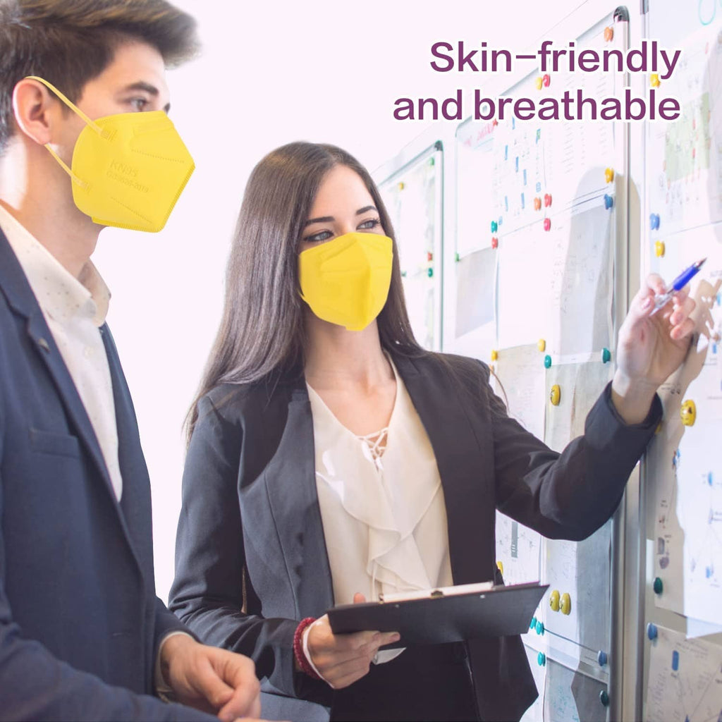 Yellow KN95-style face masks on two people in an office setting
