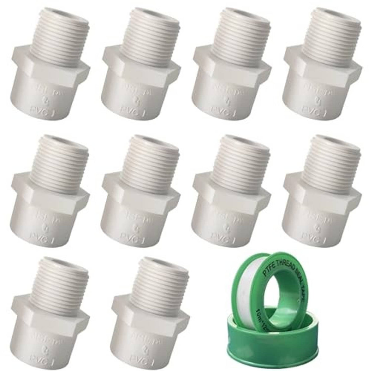 10-pack of white 1/2 in NPT male PVC pipe adapters, threaded connectors shown