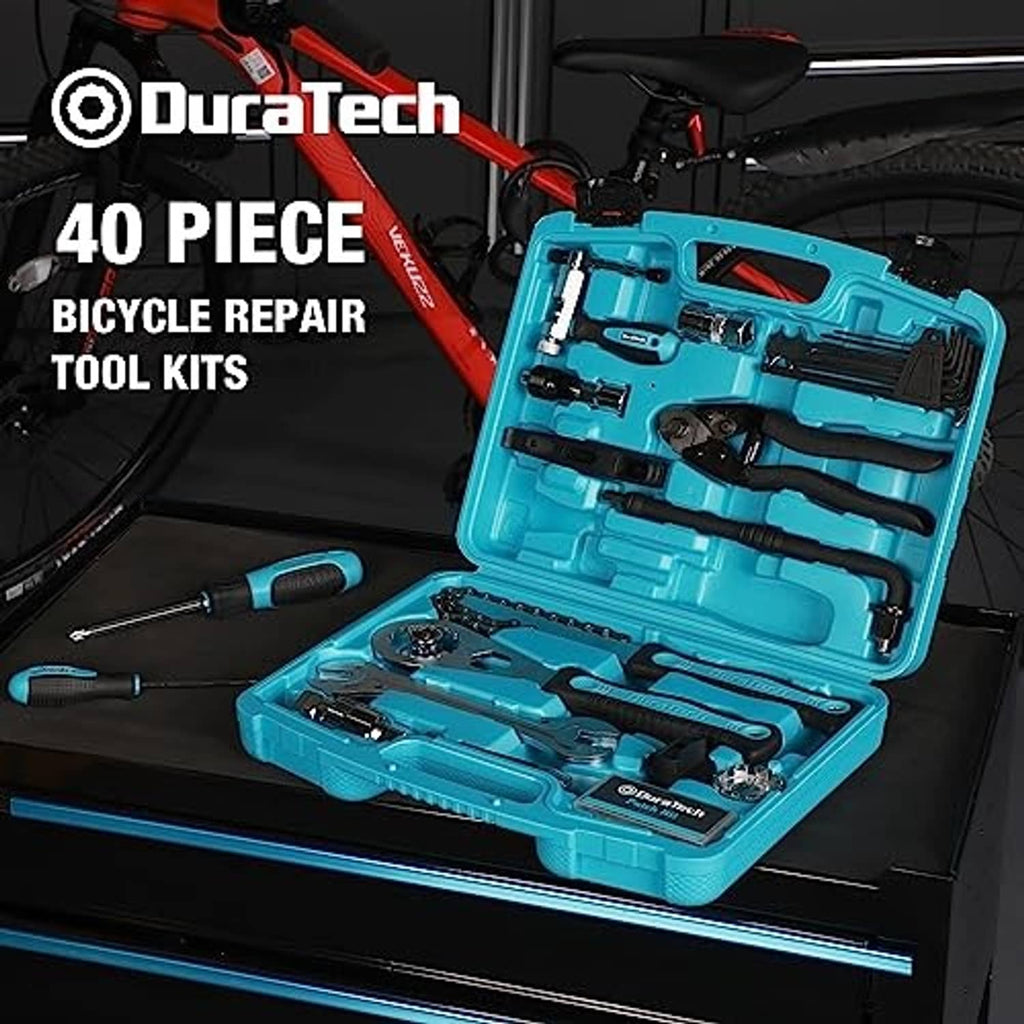 Teal bicycle tool kit case open with hand tools and ratchet in compartments