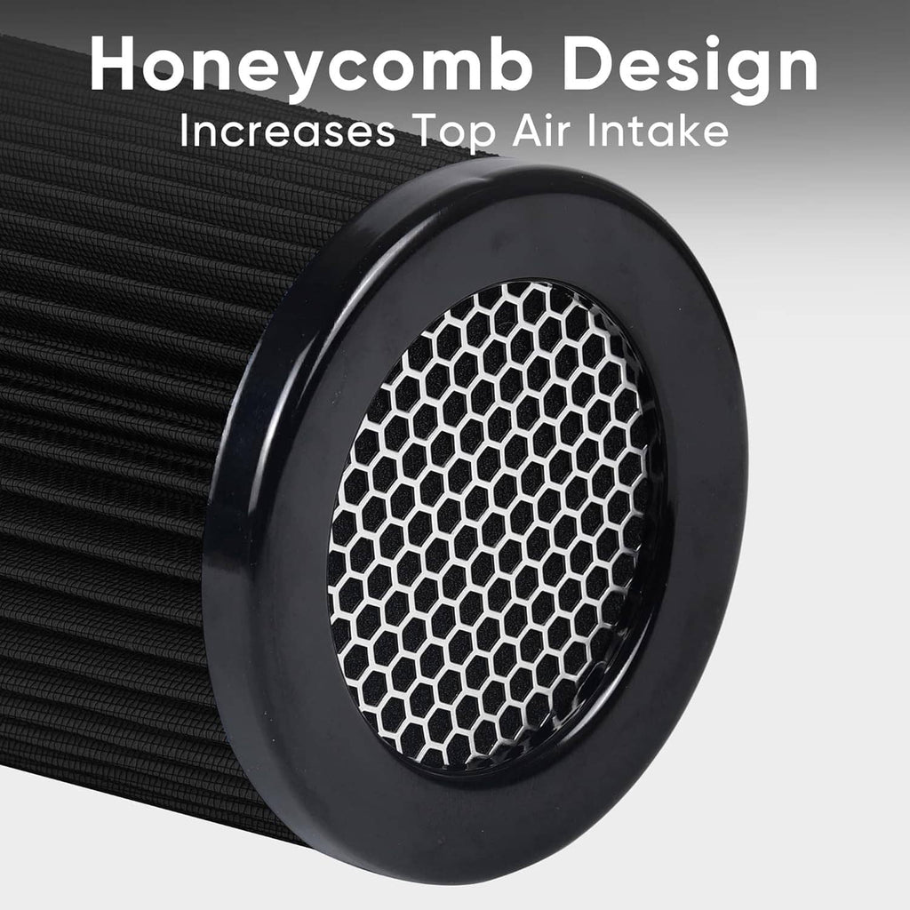 Black cone intake filter with honeycomb core and circular front mesh opening