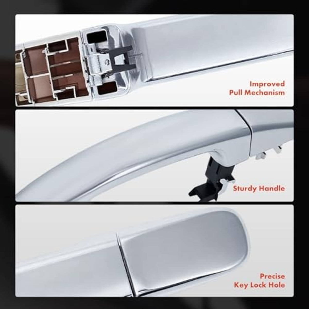 Chrome exterior door handle showing key lock hole and inner mounting components.