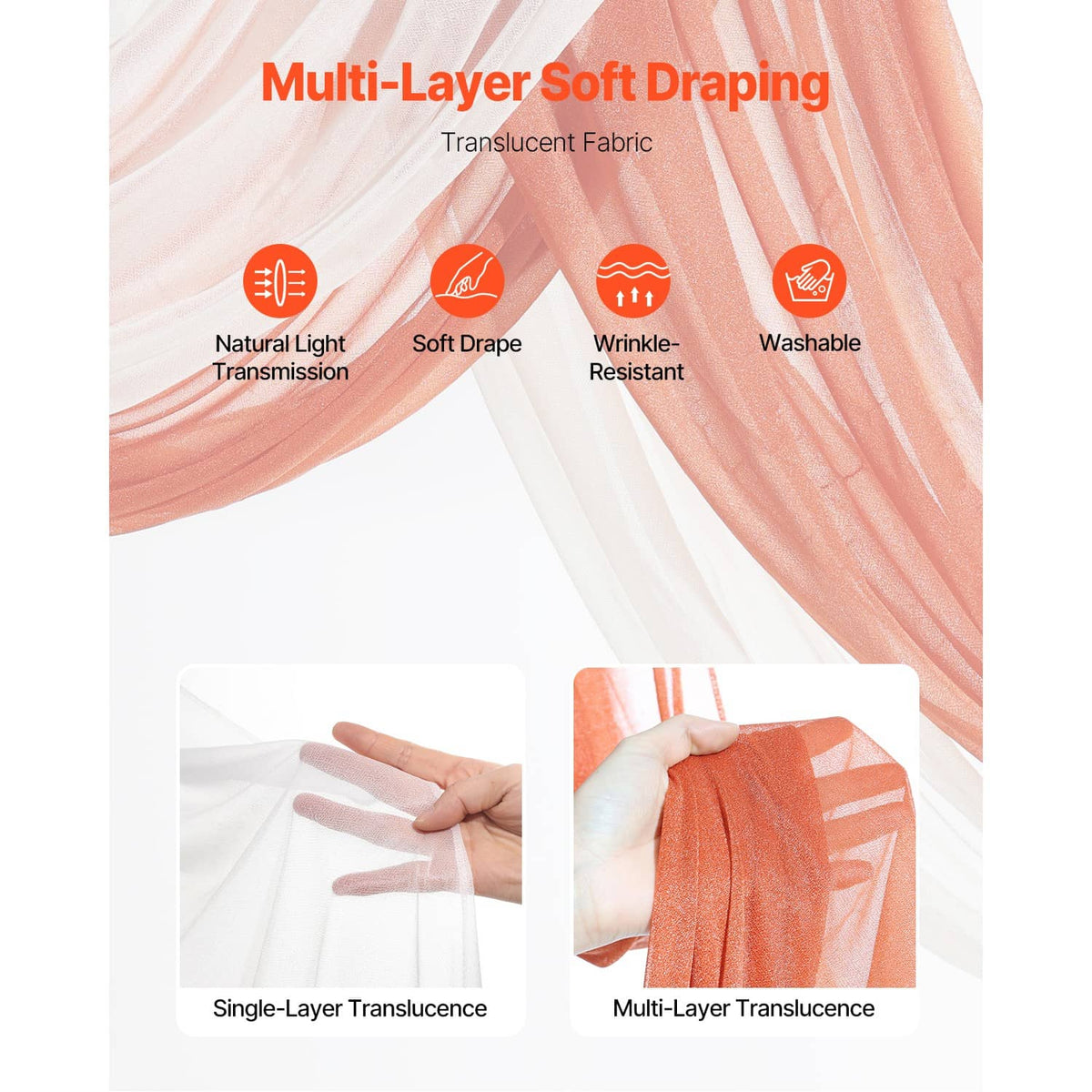 Multi-layer translucent drape fabric in orange and white for wedding arch