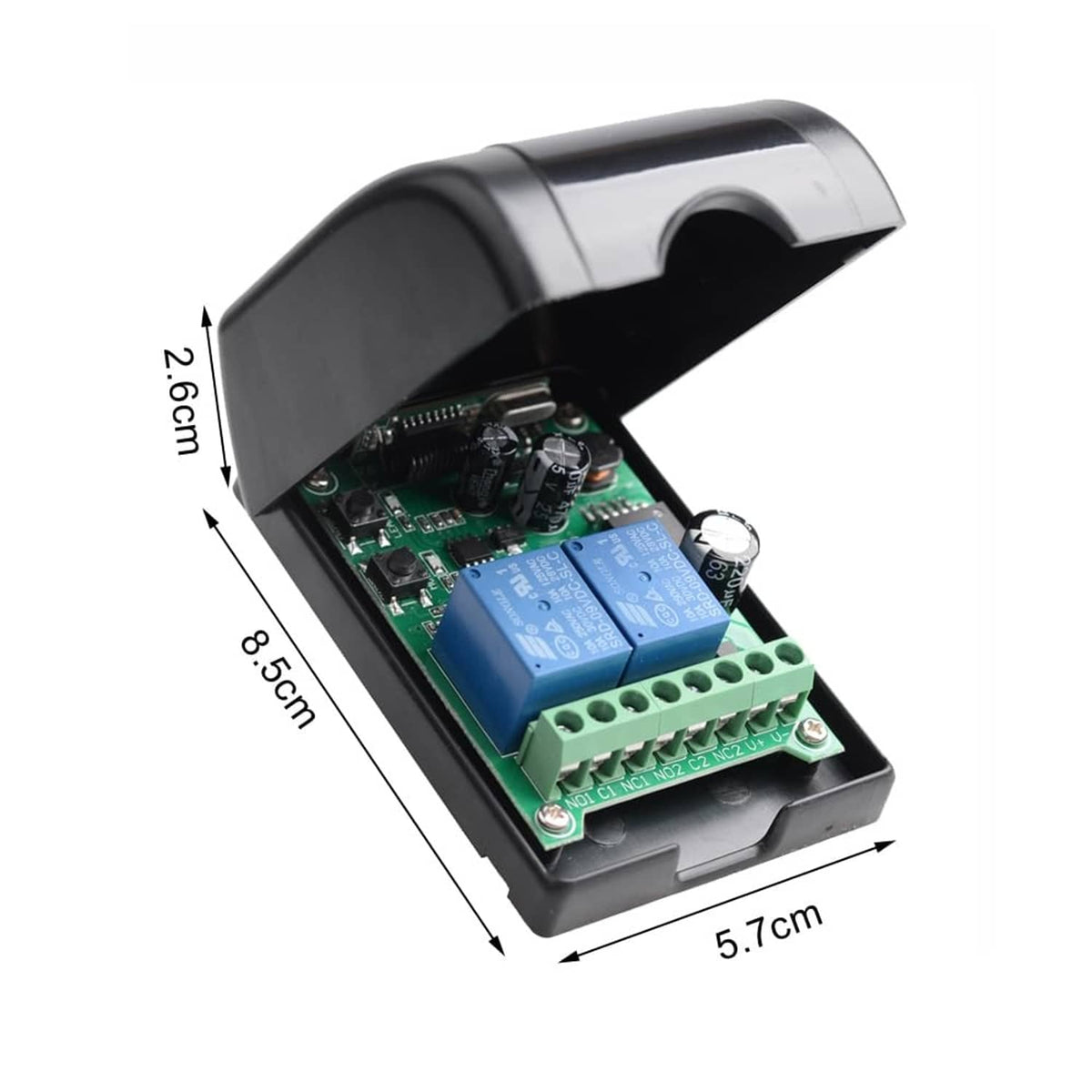 Wireless remote switch enclosure with inside green circuit board and terminal connector