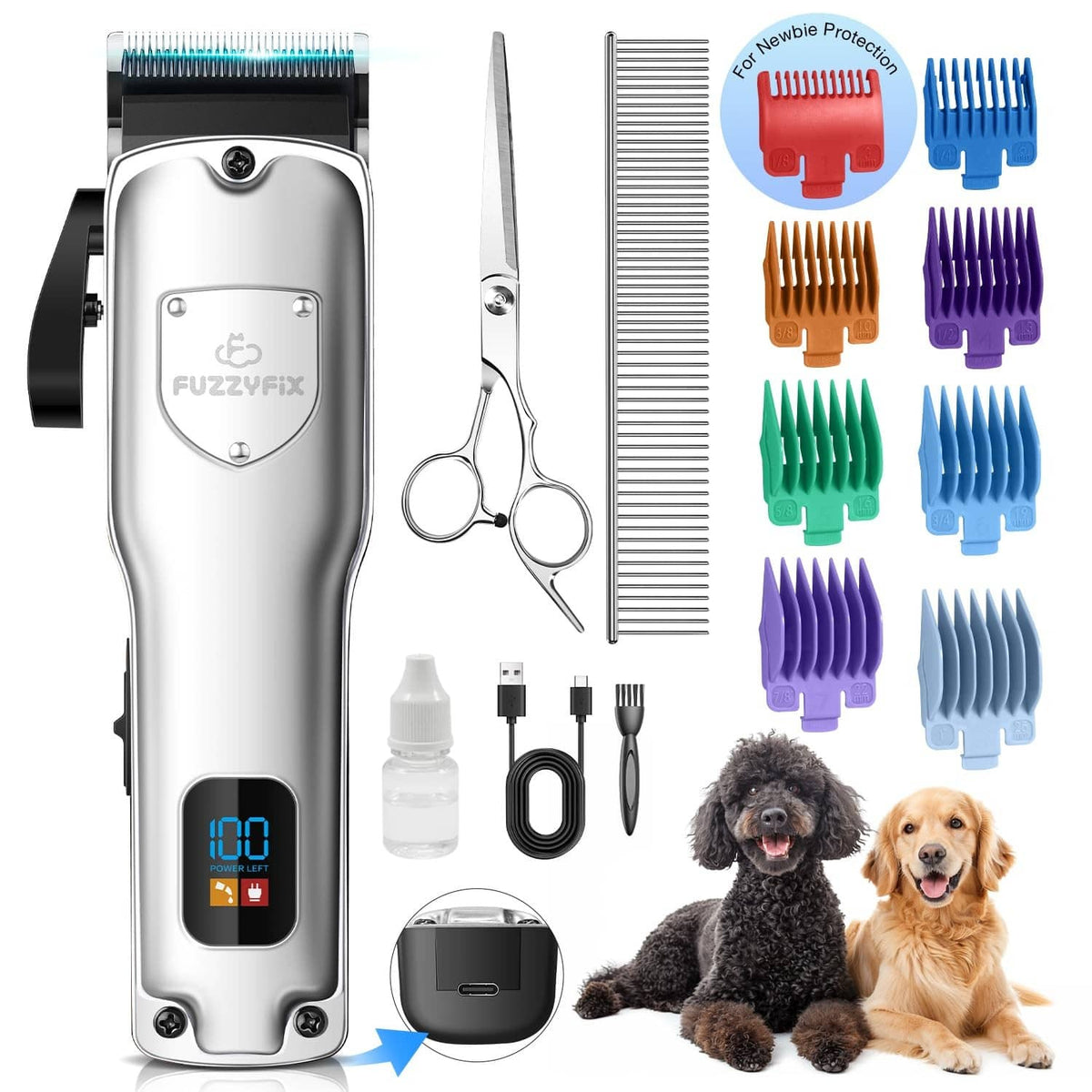 Silver dog hair clipper kit with guide combs, scissors, and charging accessories.