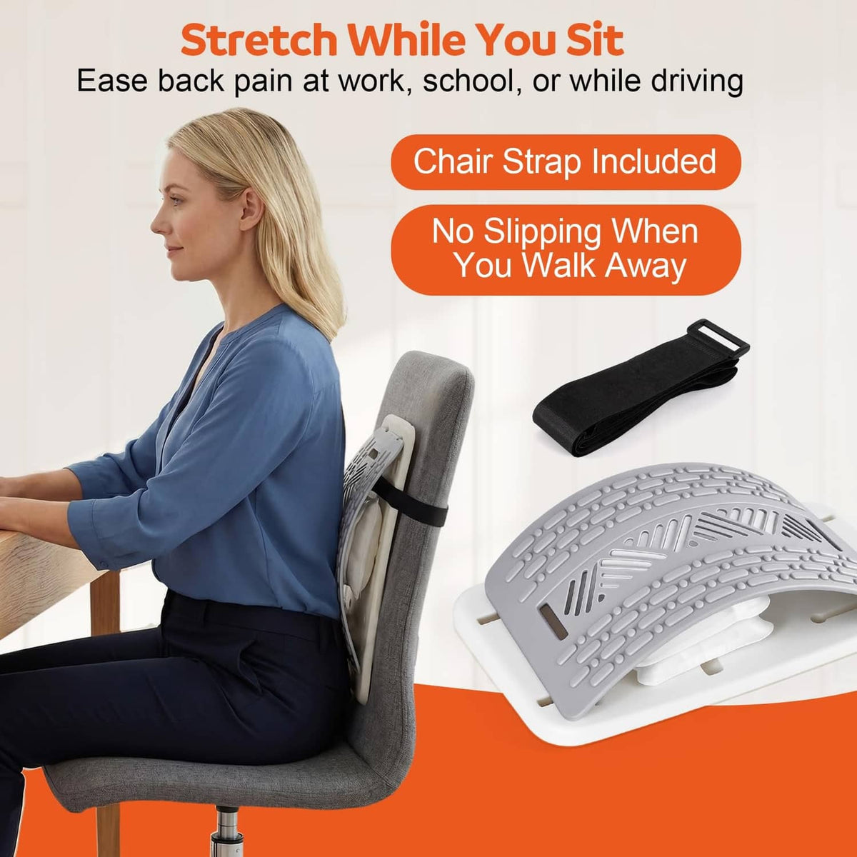 Inflatable back stretcher with chair strap shown while sitting on a chair