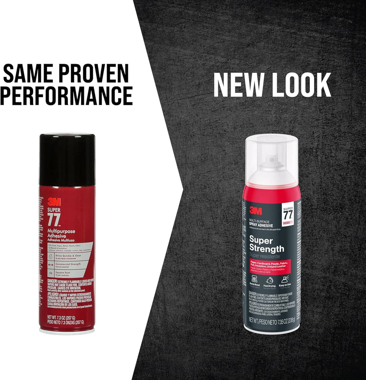 Super 77 multi-surface spray adhesive can on white and dark background