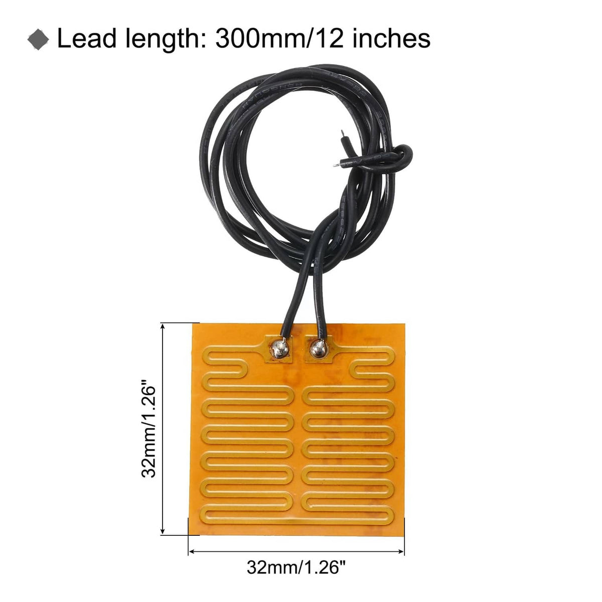 Orange polyimide heating pad with black leads, shown with plate size diagram