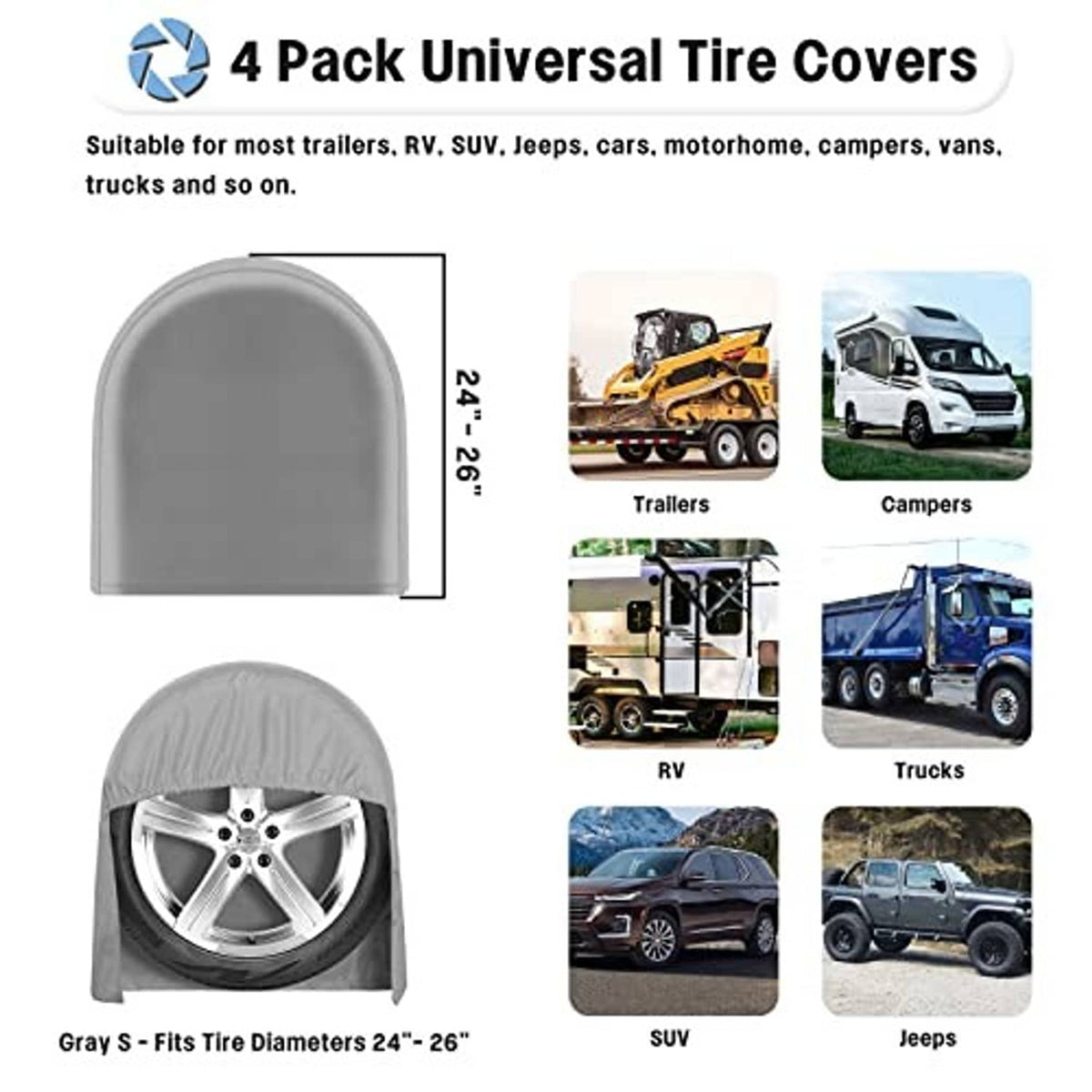 Gray set of 4 universal tire covers, arched fit for 24–26 inch tire diameters