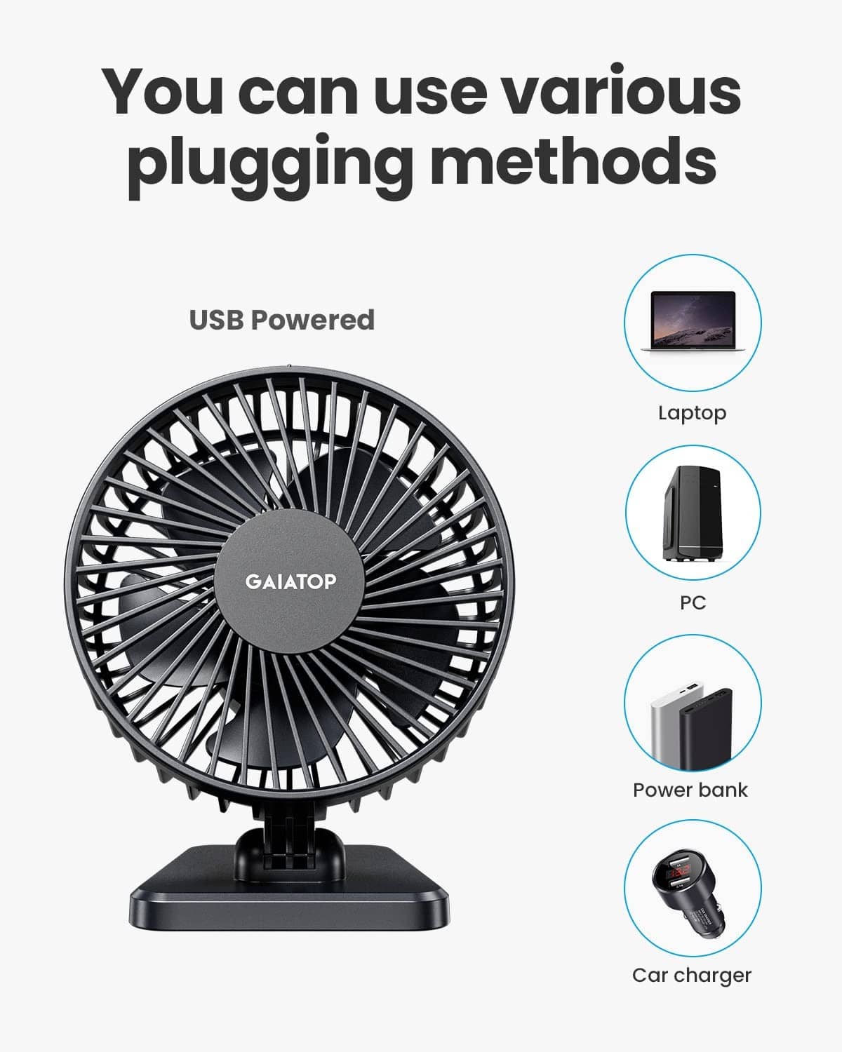 Black USB desk fan for USB power, shown with laptop and power bank options