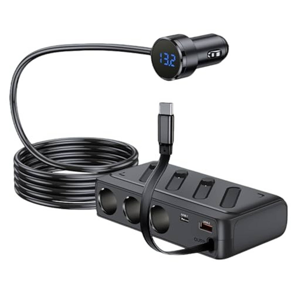 Black 3-outlet car power splitter with retractable USB-C cable and LED meter