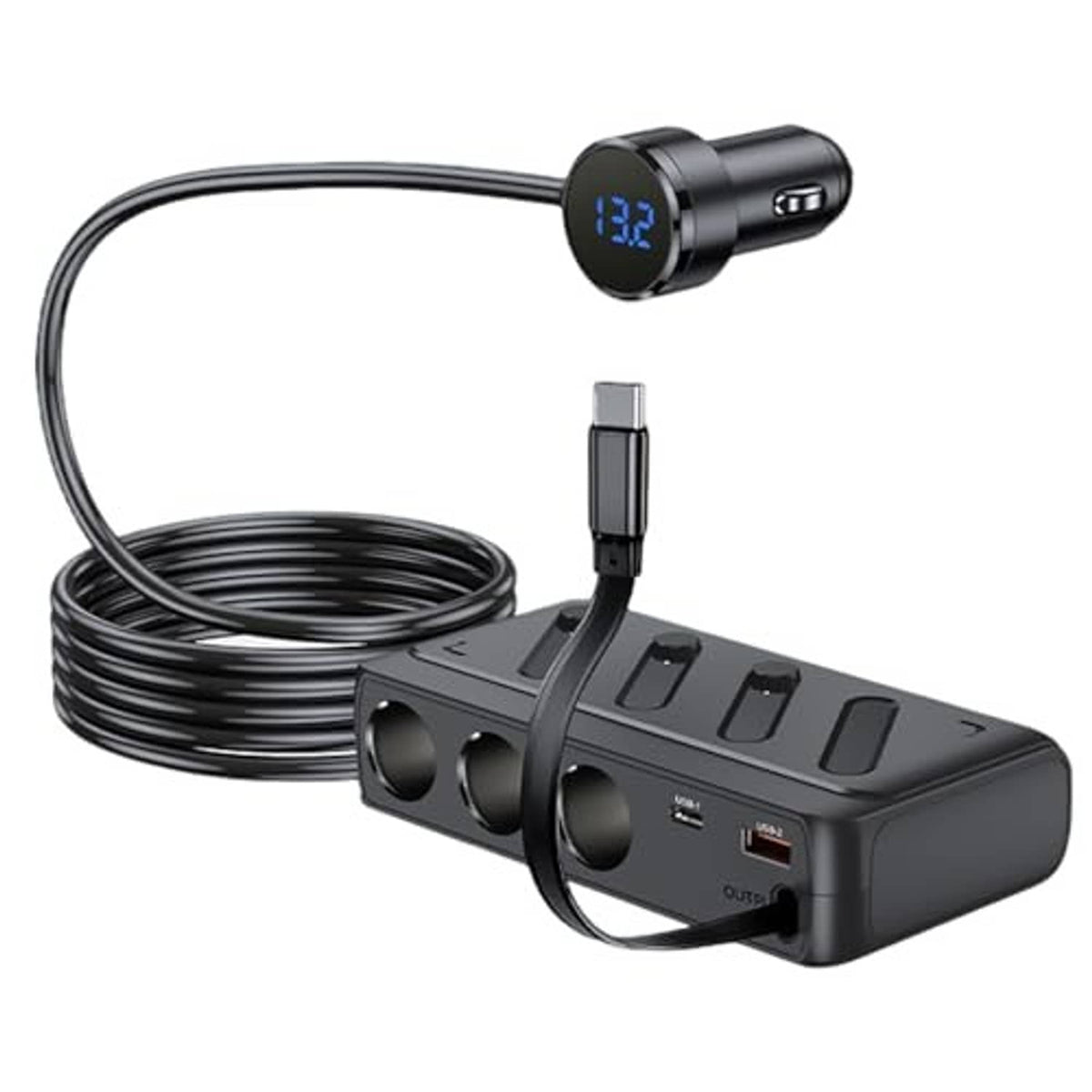 Black 3-outlet car power splitter with retractable USB-C cable and LED meter