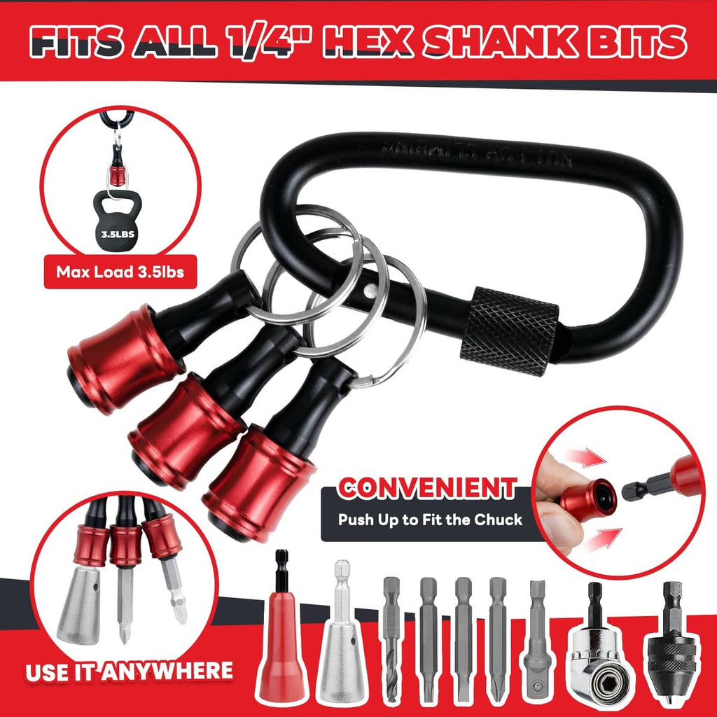 Black carry loop with red and silver wire twister attachments and 1/4 in hex shank