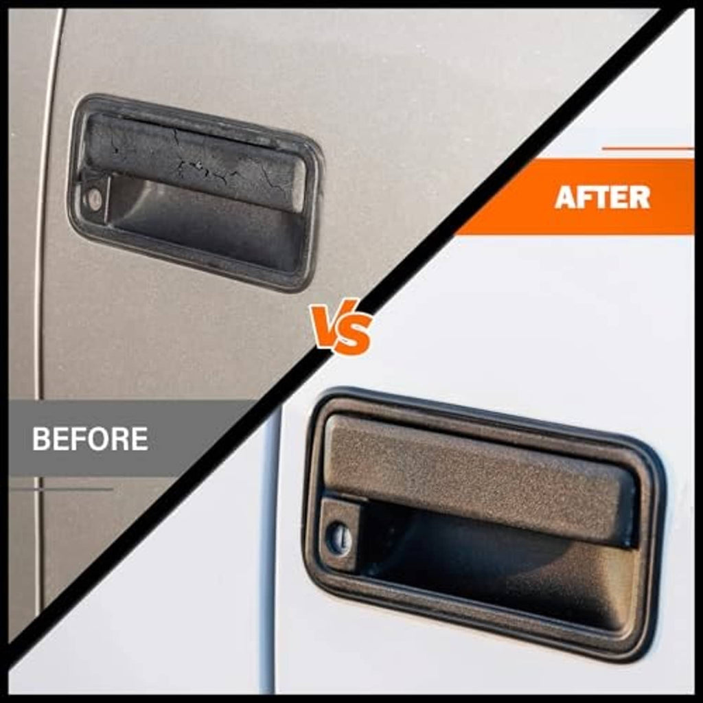 Before-and-after closeup of black exterior door handle with lock