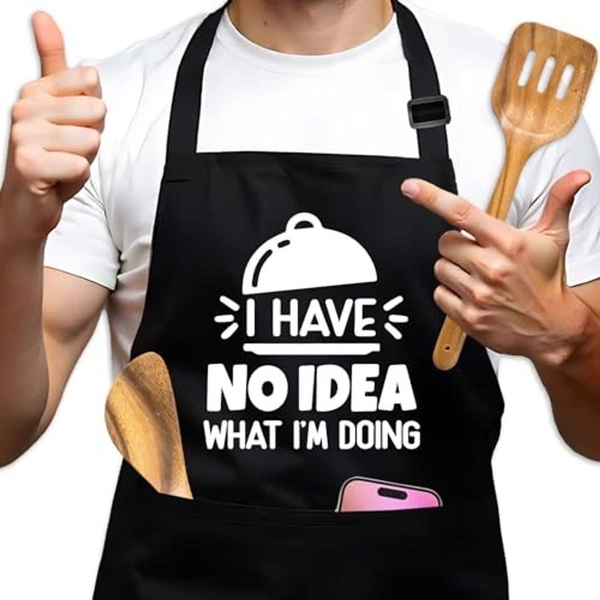 Black cooking apron with adjustable neck strap, front pocket, and "I have no idea" text