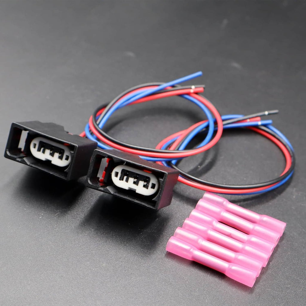 Tail lamp connector pigtails with two black 3-pin connectors, blue/red wires and pink insulators