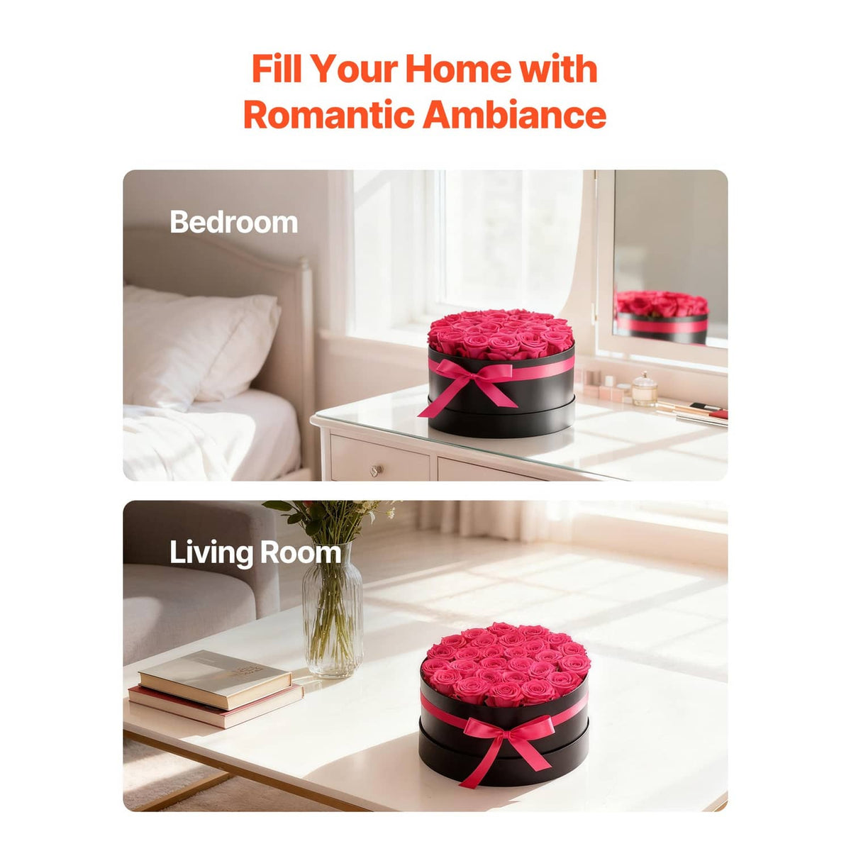Preserved rose bouquet in black round box with pink ribbon shown in home setting