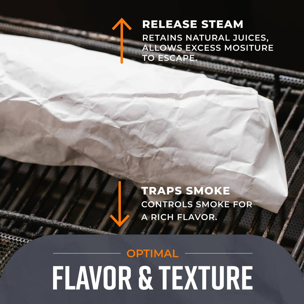White butcher paper wrap over grill grates with crinkled paper texture visible