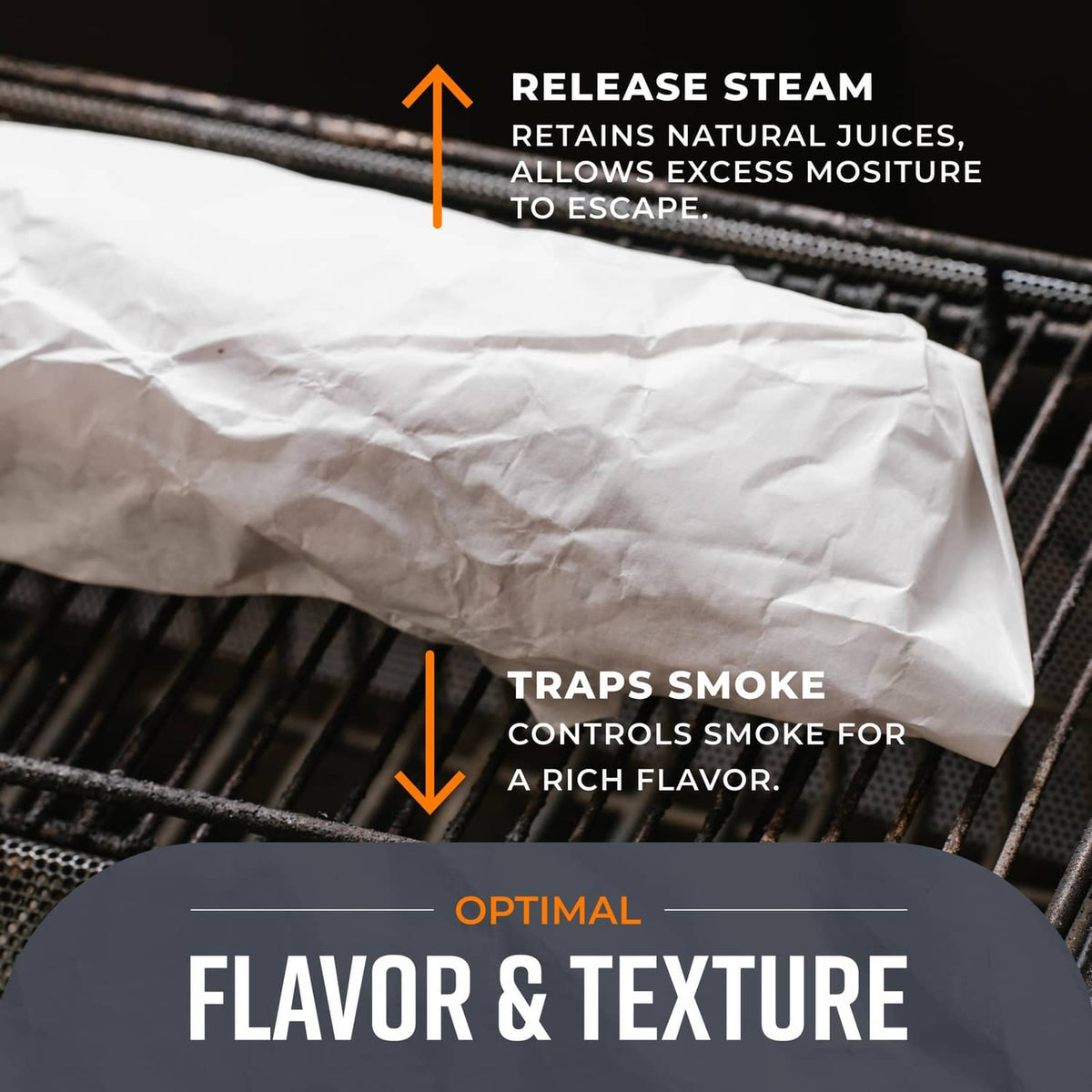 White butcher paper wrap over grill grates with crinkled paper texture visible