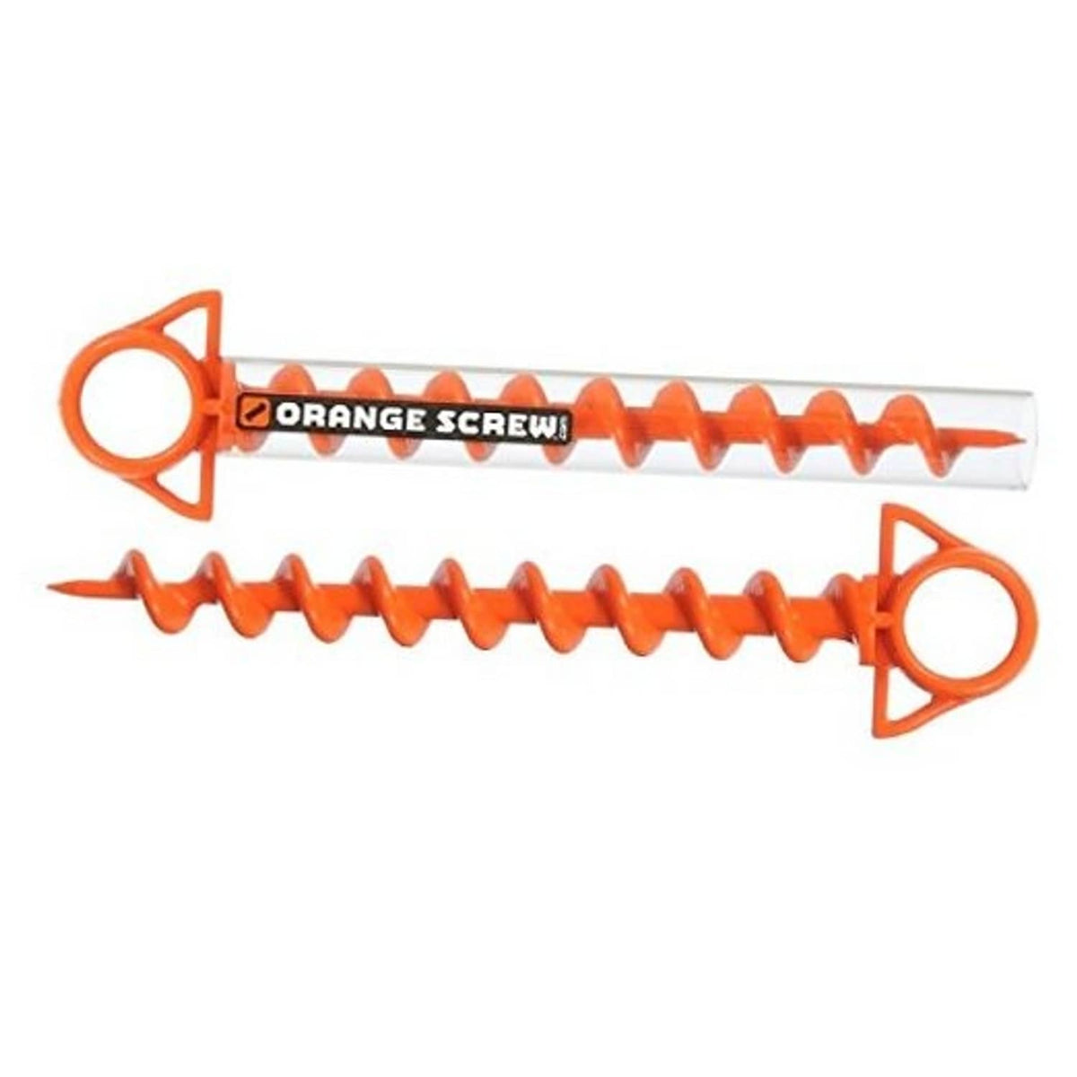 Orange ground anchor auger screws with loop handles, 2-pack set