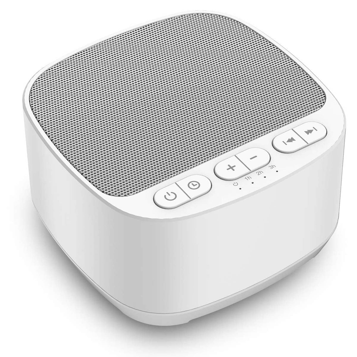 White sound machine with top speaker grille and front control buttons