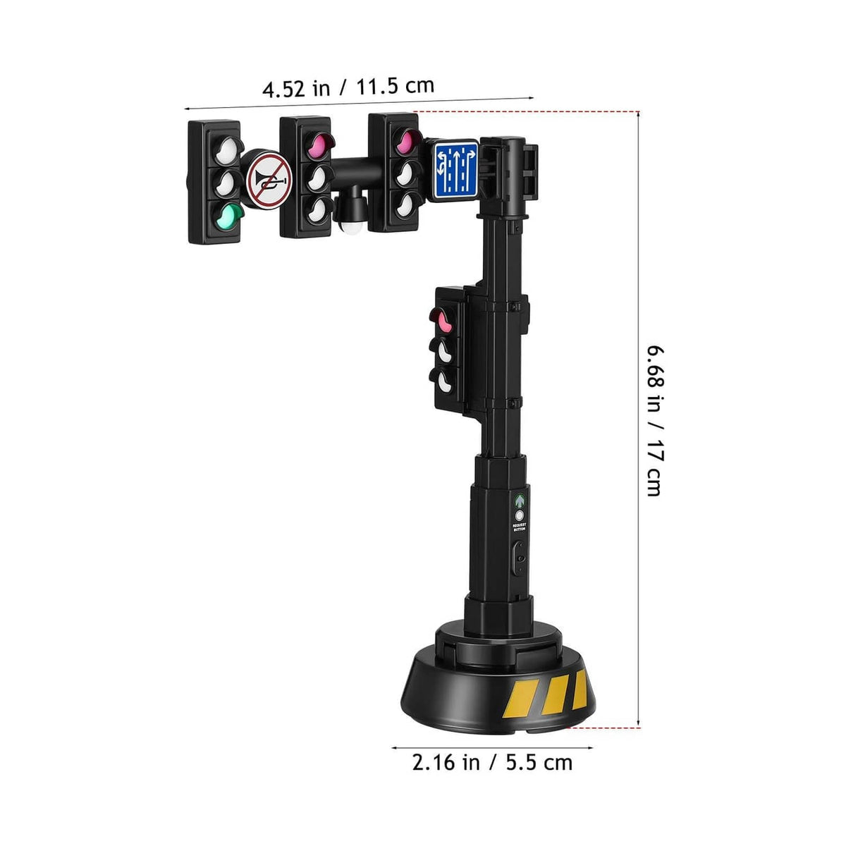 Black interactive traffic light model with round base and signal modules; size diagram view