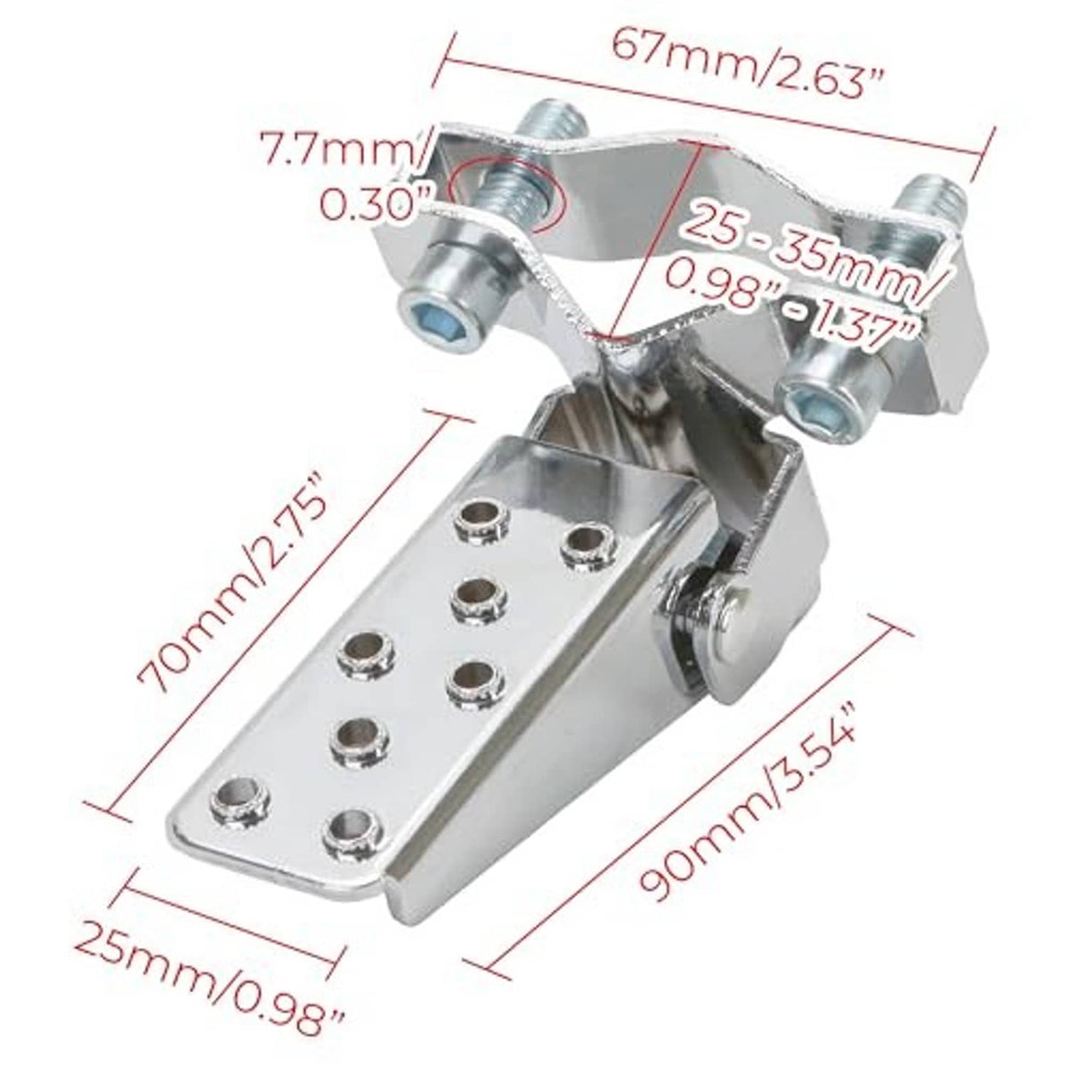Metal folding bike foot peg clamps with perforated pedal platforms and adjustable arms