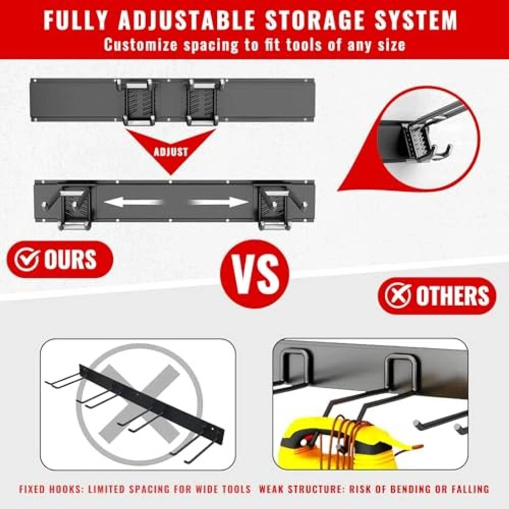 Fully adjustable wall-mounted tool organizer rail with repositionable hook units