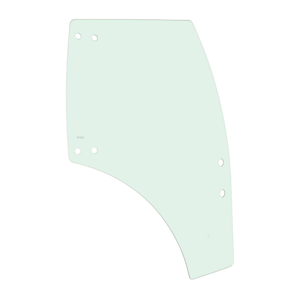 Right side cab door glass panel, green-tinted, with mounting holes