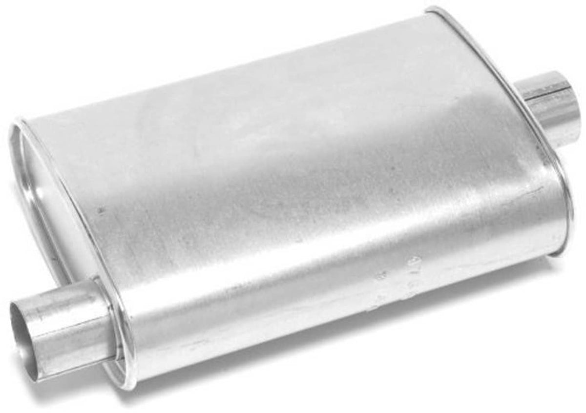 Silver exhaust muffler with end caps and side inlet/outlet tubes, cylindrical body