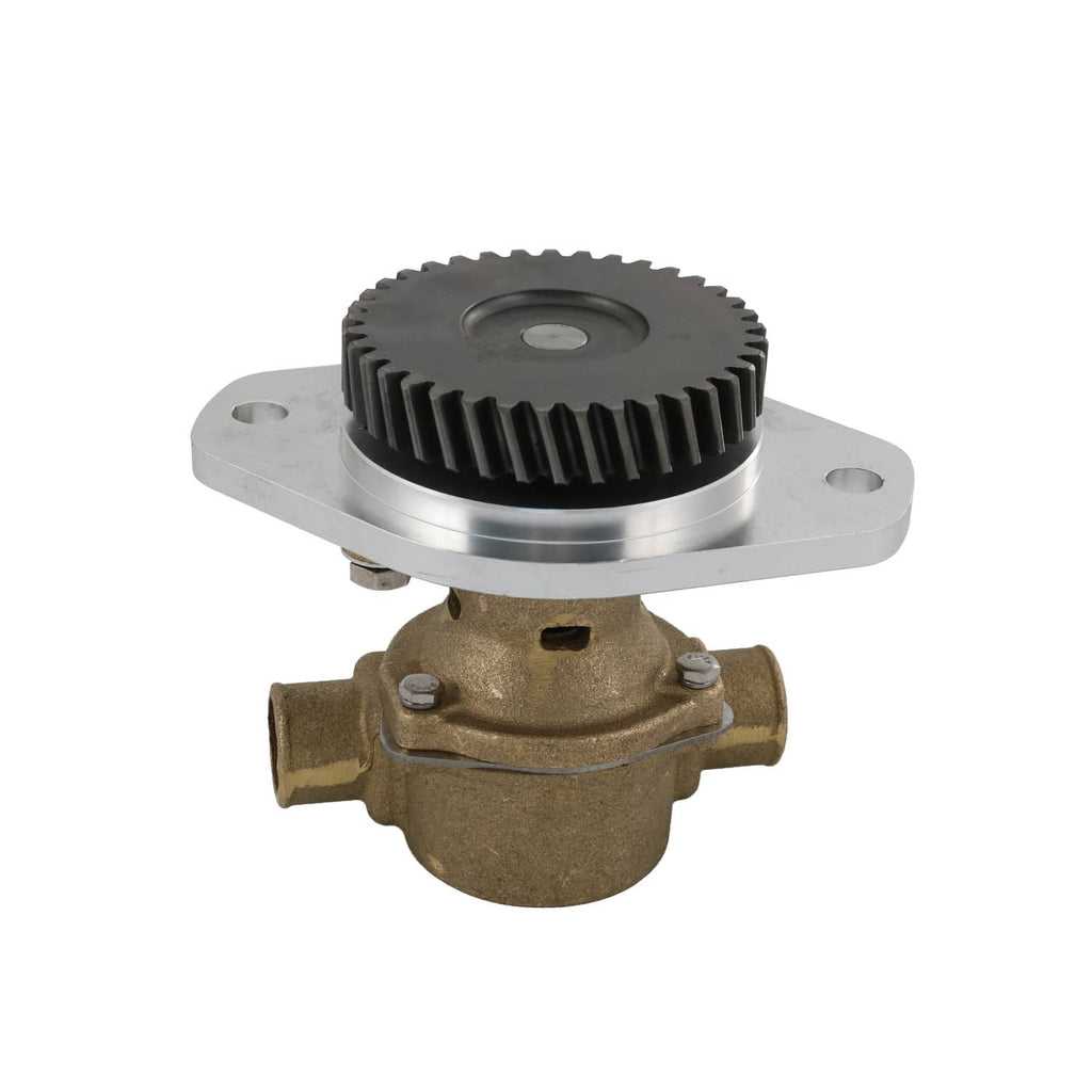 Raw water pump assembly with black toothed gear, silver flange, and bronze body