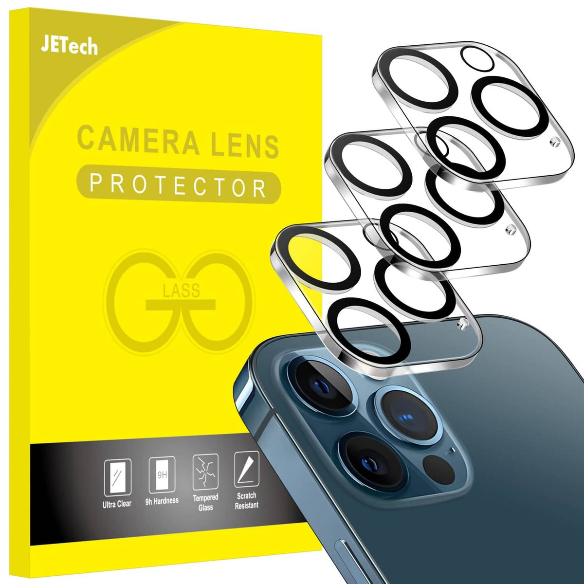 Transparent camera lens protector with clear glass rings, shown on an iPhone camera