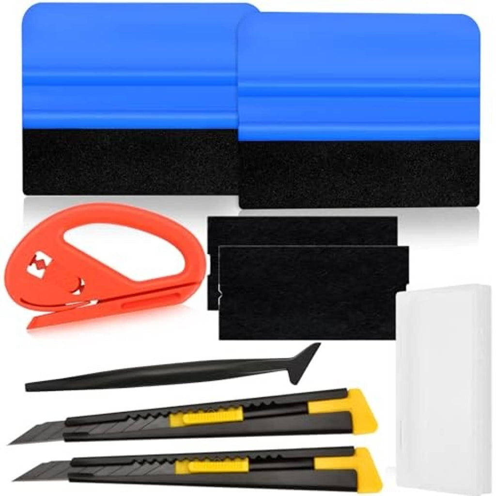 Blue squeegee tool, felt pads, orange scraper, white block edge tool, and cutting blades